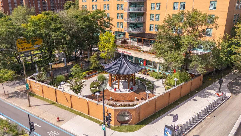 Aerial view of the hospital garden, with the Chinese temple pavilion and the surrounding city