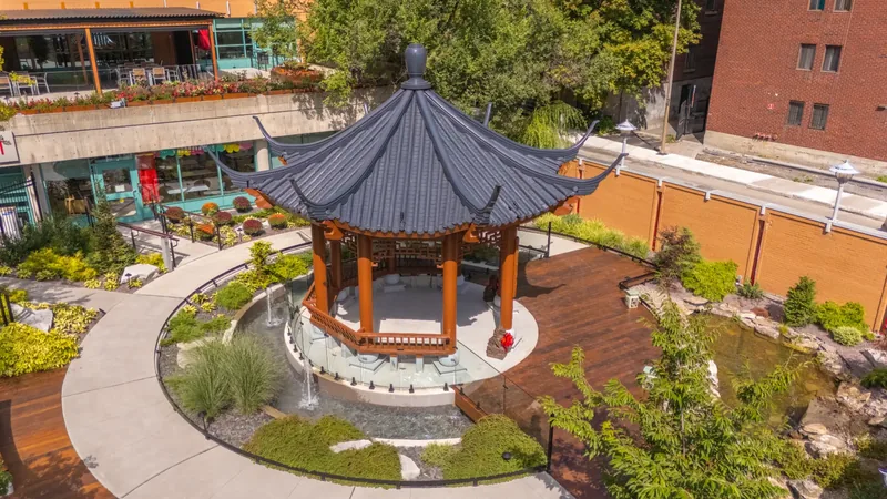 Aerial view of the octagonal Chinese temple pavilion, wood deck, and curved garden paths