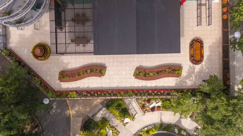 Overhead view of the terrace pergola, planters, and paving