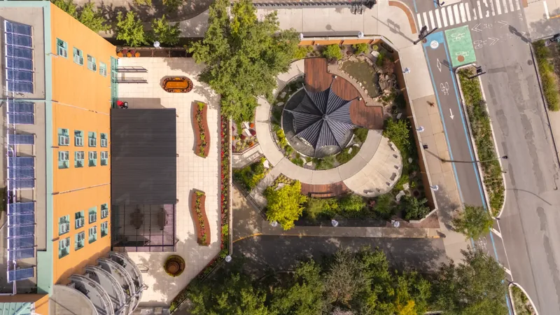 Overhead view of the garden layout and the pavilion roof beside the hospital