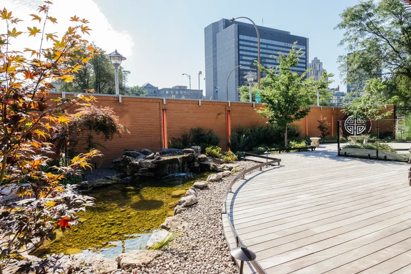 Wood deck along the garden pond