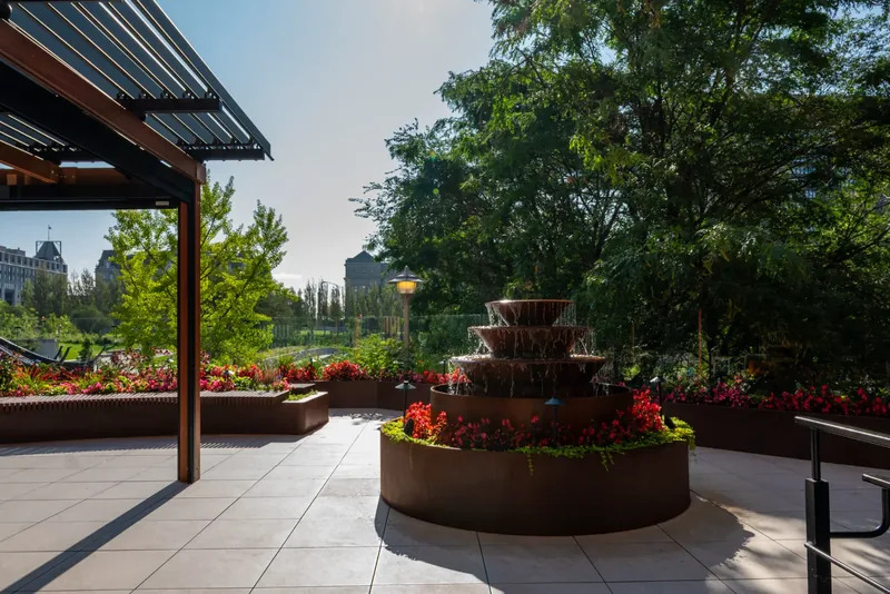 Tiered steel fountain on the terrace