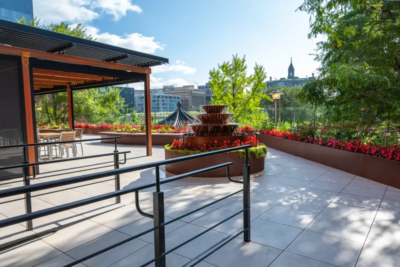 Terrace walkway lined with planters