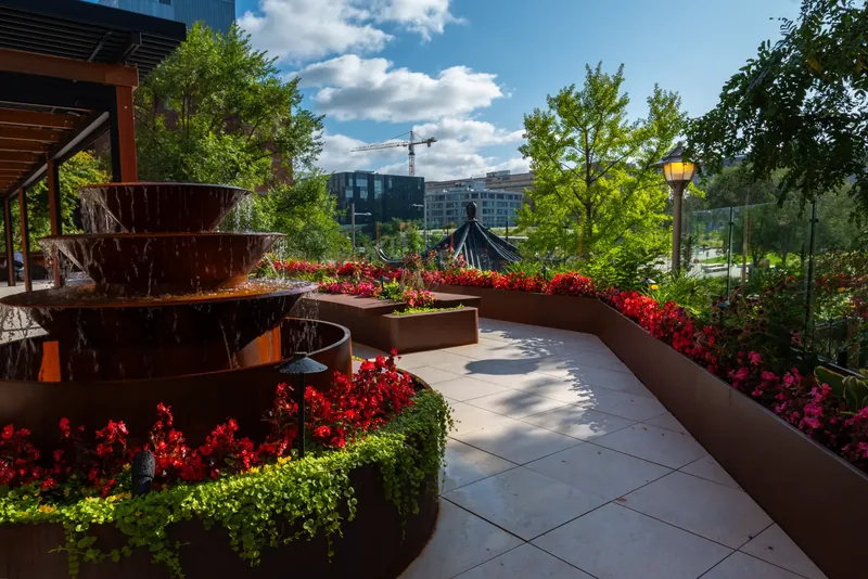 Tiered steel fountain on the terrace