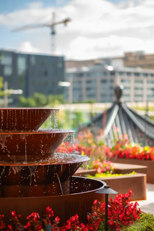 Tiered steel fountain on the terrace