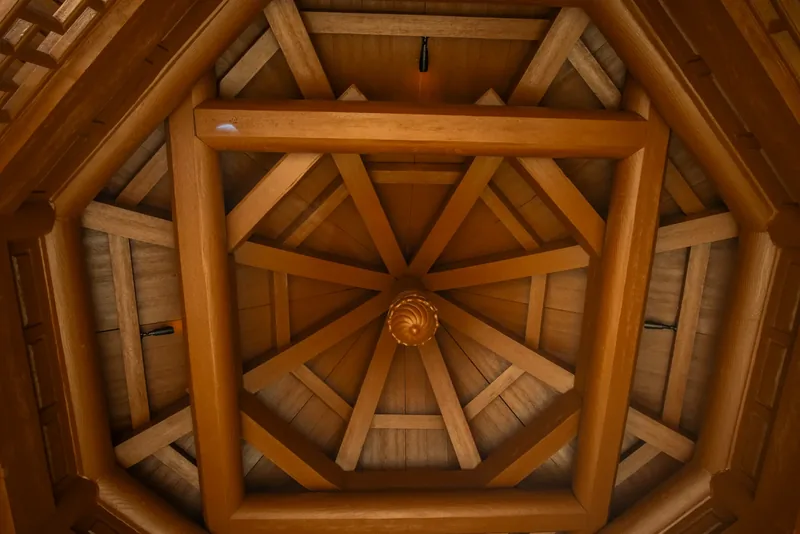 Carved timber ceiling inside the Chinese temple pavilion