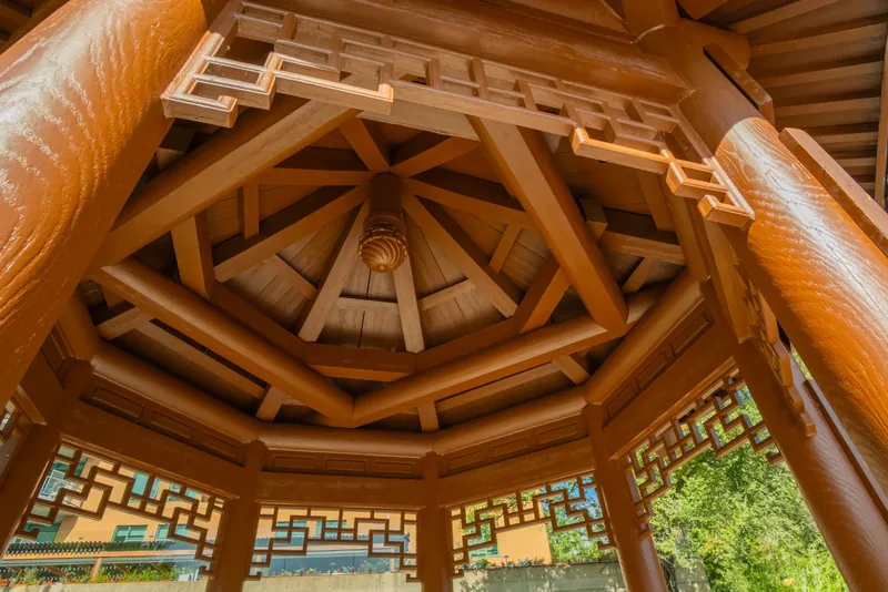 Carved timber ceiling inside the Chinese temple pavilion