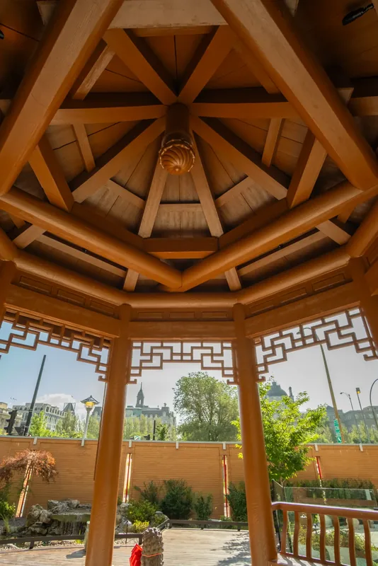 Carved timber ceiling inside the Chinese temple pavilion