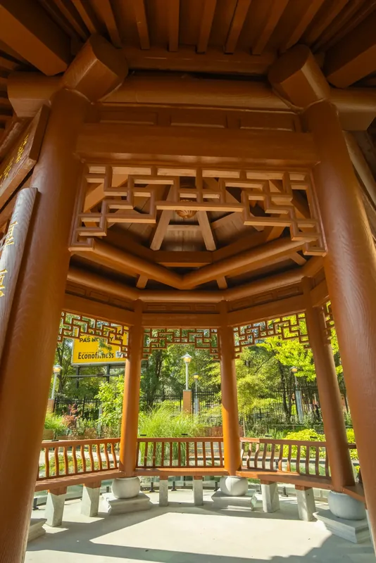 Carved timber ceiling inside the Chinese temple pavilion