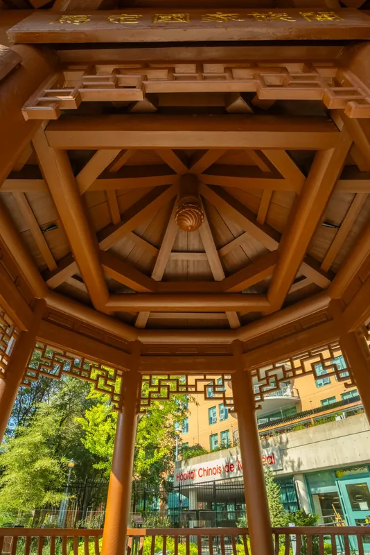 Carved timber ceiling inside the Chinese temple pavilion