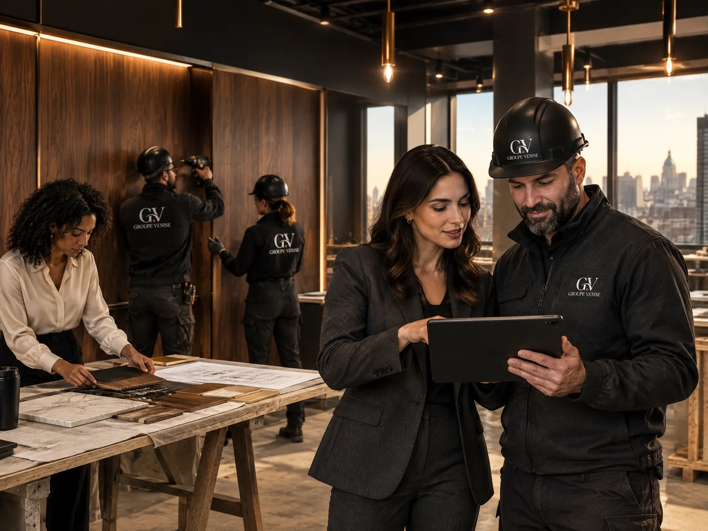 Groupe Venise project manager and site foreman reviewing plans on a tablet while branded crew members install walnut wall panels and a designer compares material samples