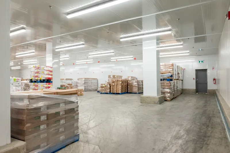 Chambre réfrigérée ouverte avec panneaux isolants blancs, réglettes DEL, porte de sortie en acier et palettes emballées