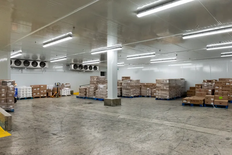 Grande chambre réfrigérée avec une rangée d’évaporateurs au mur, une colonne centrale et des palettes sur les côtés