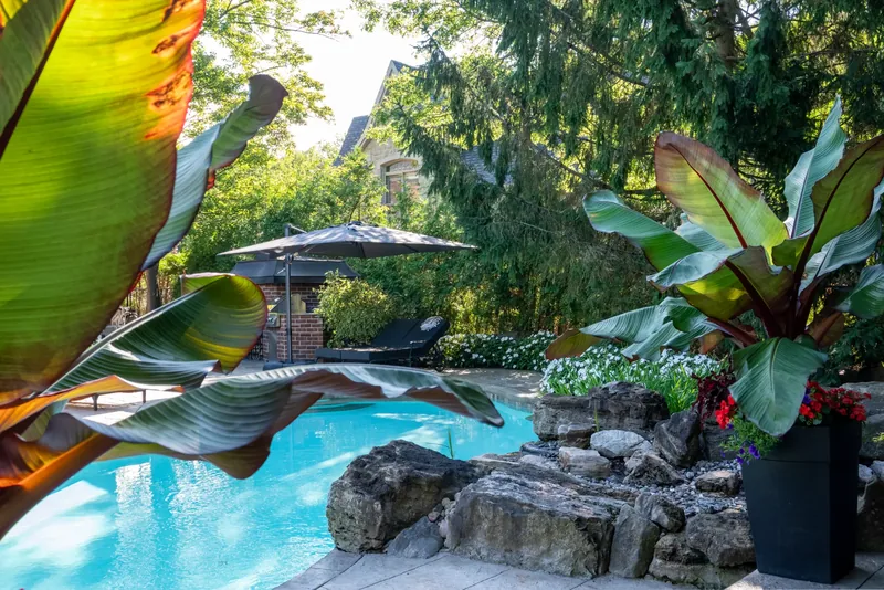 Natural boulder rock garden with tropical foliage at the water’s edge