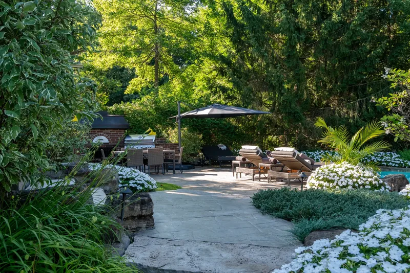 Garden path opening onto the lounge terrace beneath mature trees