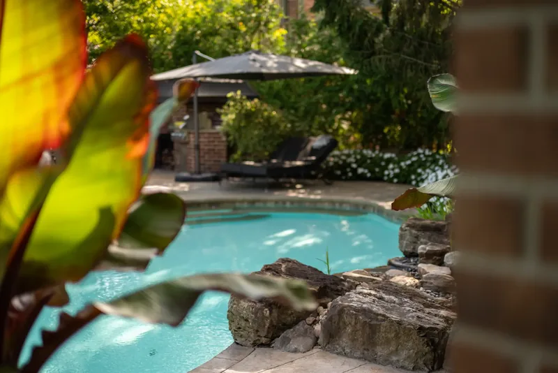 Natural boulder rock garden with tropical foliage at the water’s edge