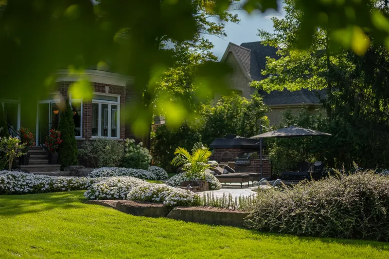 Layered garden beds of white flowers and clipped shrubs