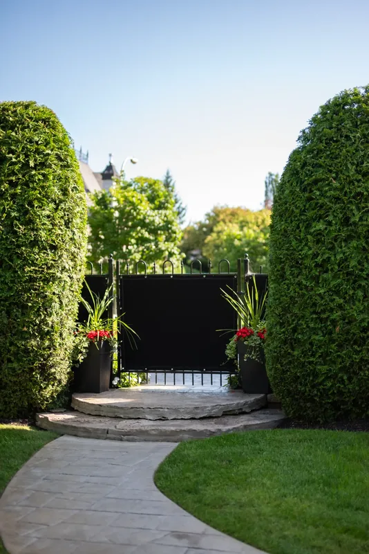 Black garden gate with planters and curved stone steps between tall cedar hedges