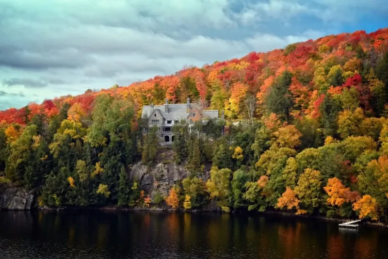 The estate seen from the lake, set into a forested hillside in full autumn colour
