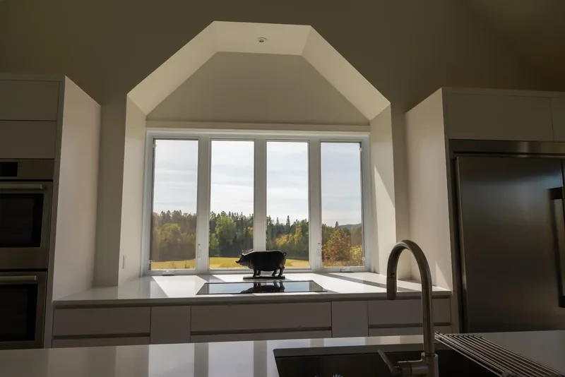 Dormer window above the kitchen counter, framing the trees